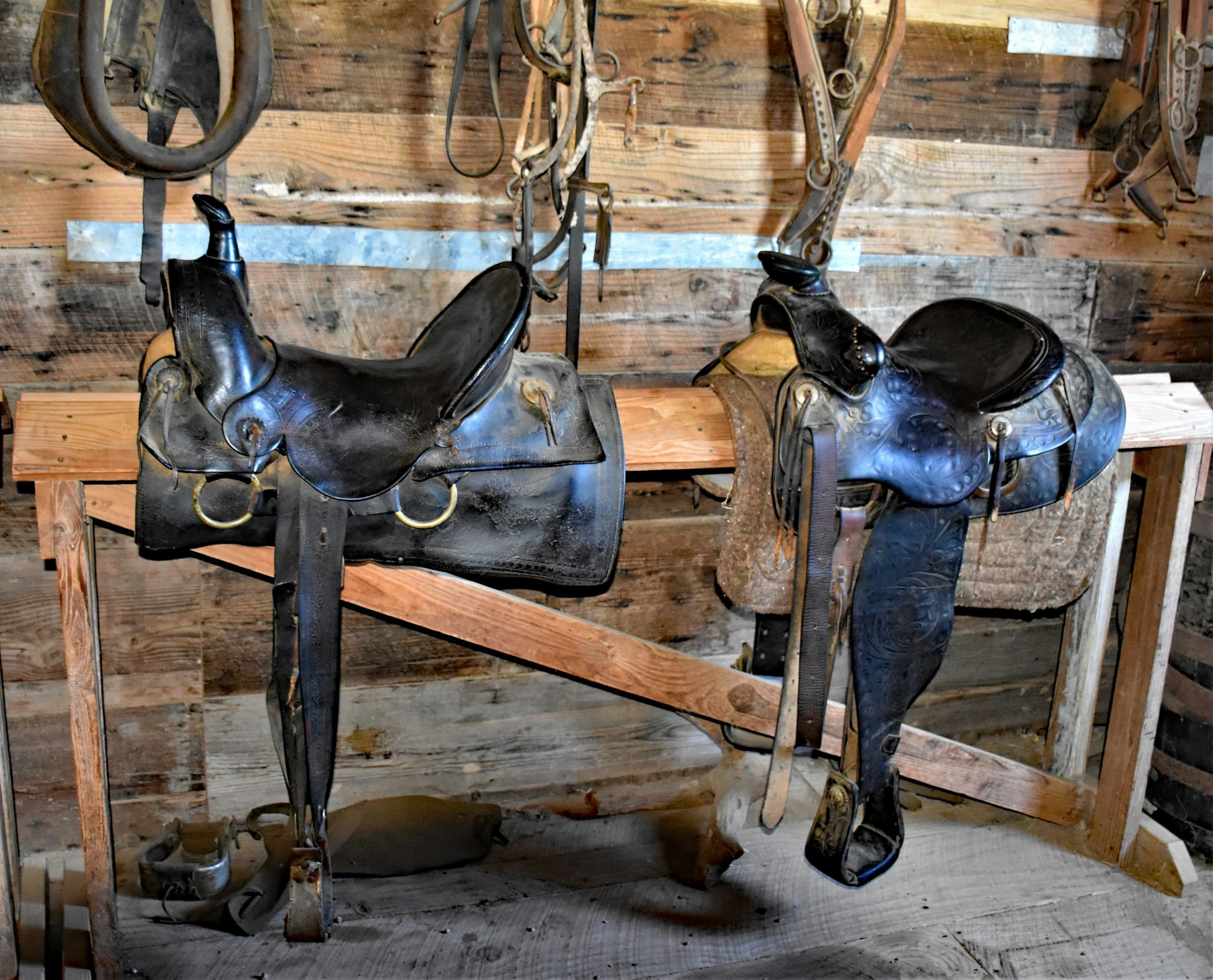 Two western saddles resting on a wooden saddle rack in a barn